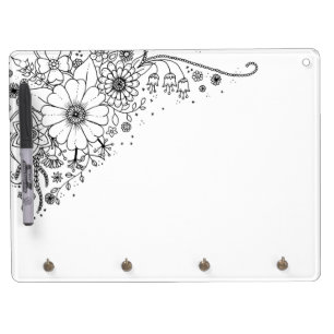 Black and White Doodle Flowers Color In Picture Dry Erase Board With Keychain Holder