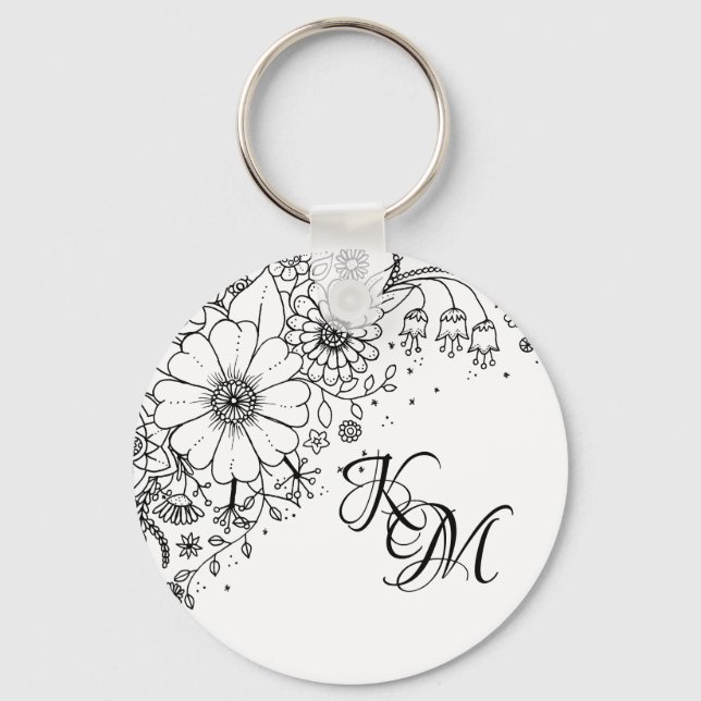 Black and White Doodle Flowers Color In Picture Keychain (Front)