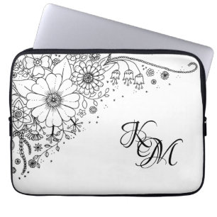 Black and White Doodle Flowers Color In Picture Laptop Sleeve
