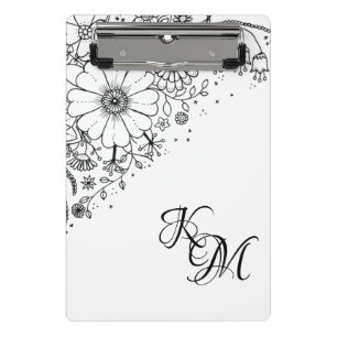 Black and White Doodle Flowers Color In Picture Mini Clipboard