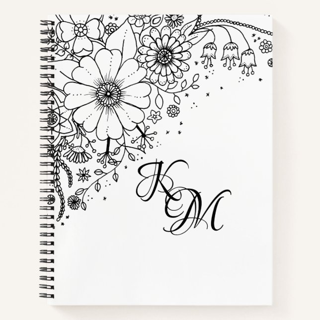 Black and White Doodle Flowers Color In Picture Notebook (Front)