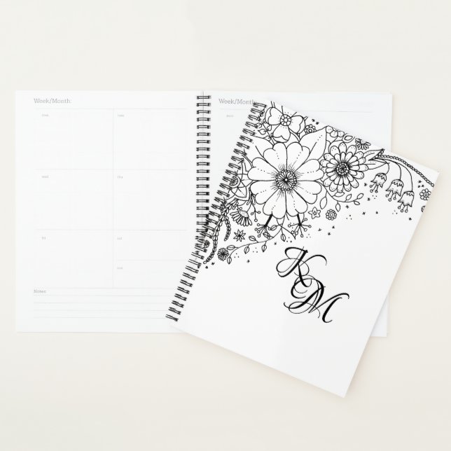 Black and White Doodle Flowers Color In Picture Planner (Display)