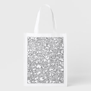 black and white doodle grocery bag
