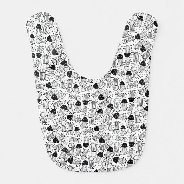 Black and white doodle jelly fish pattern baby bib (Front)
