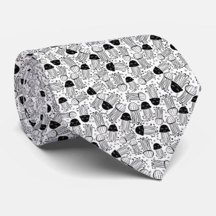 Black and white doodle jelly fish pattern neck tie