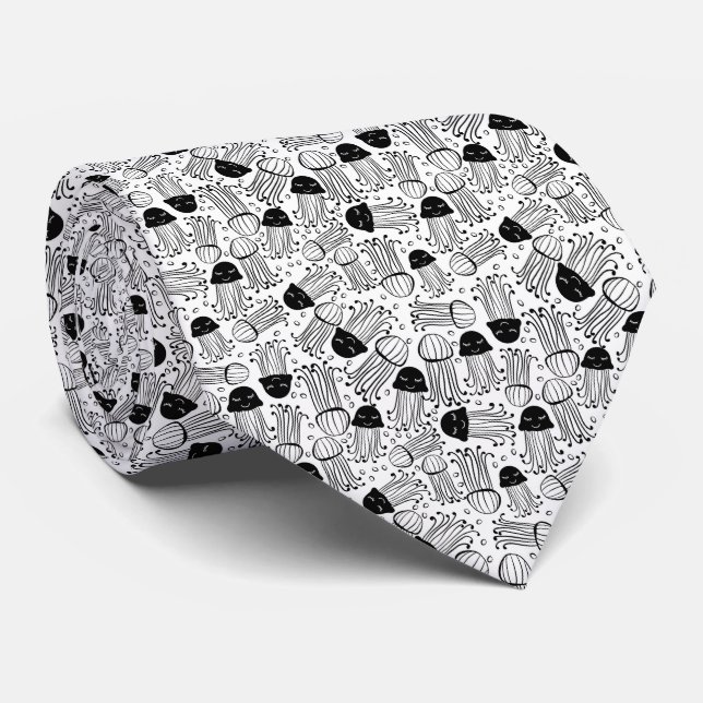 Black and white doodle jelly fish pattern neck tie (Rolled)