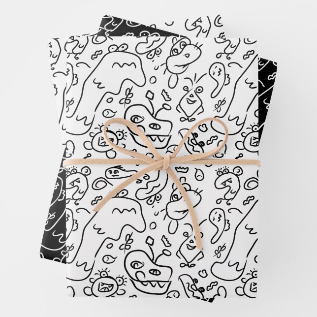 Black and white doodle pattern wrapping paper shee (In situ)