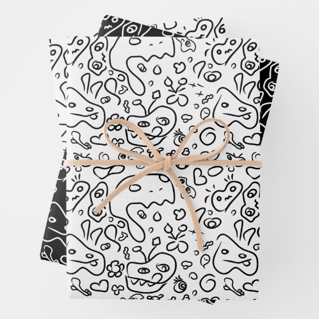 Black and white doodle pattern wrapping paper shee (In situ)