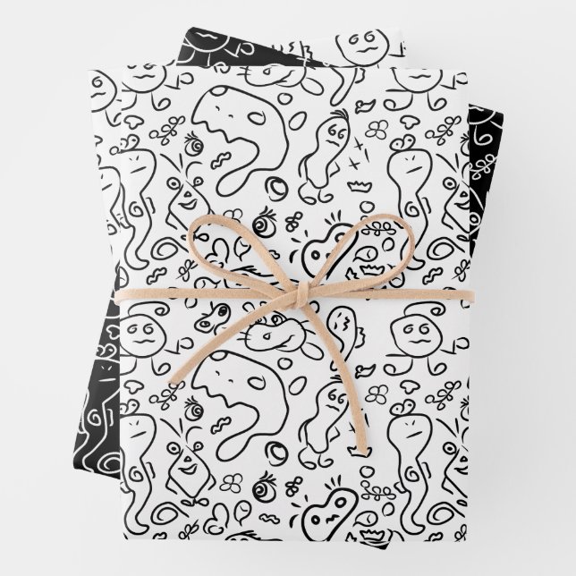 Black and white doodle pattern wrapping paper shee (In situ)