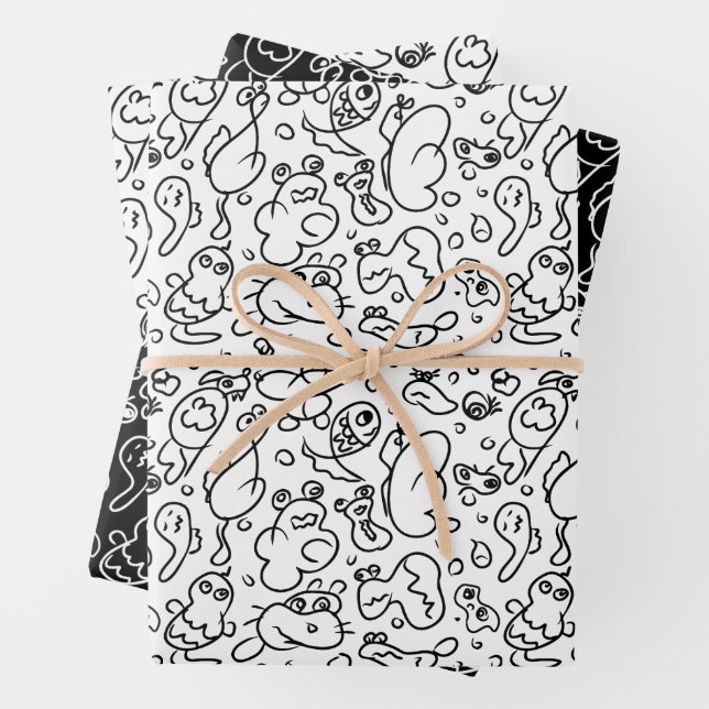 Black and white doodle pattern wrapping paper sheets (In situ)