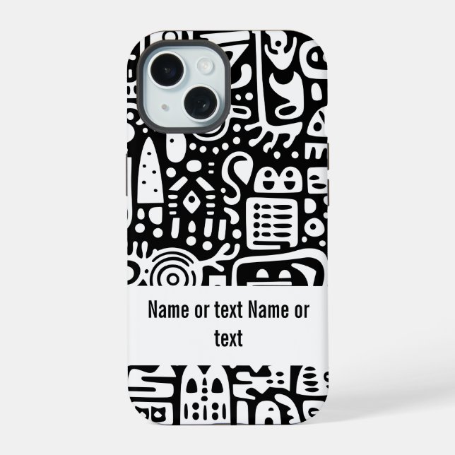 black and white doodles iPhone 15 case (Back)