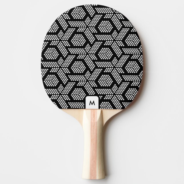 Black and white doted geometric pattern monogram ping pong paddle (Front)