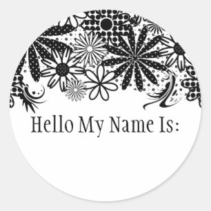 Black And White Dotted Flowers Name Badge Sticker