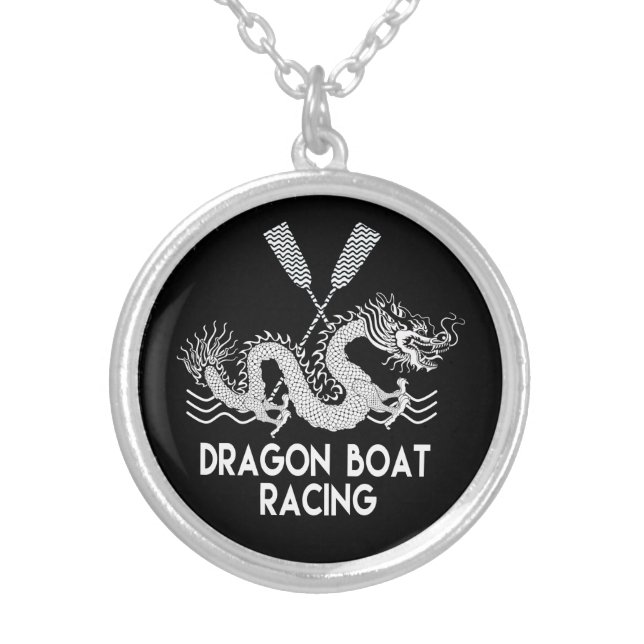 Black and White Dragon Boat Racing Silver Plated Necklace (Front)