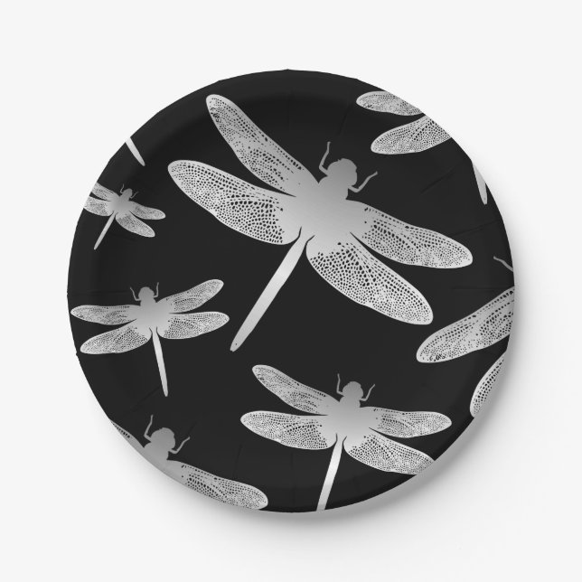Black and White Dragonfly Pattern Paper Plates (Front)