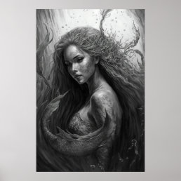 Black and White Drawing - Mermaid Art Poster