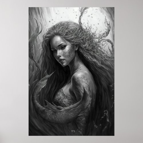 Black and White Drawing _ Mermaid Art Poster