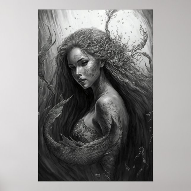 Black and White Drawing - Mermaid Art Poster (Front)