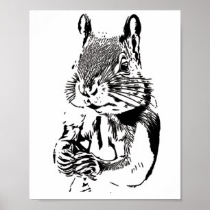 black and white drawing of a cute squirrel  poster