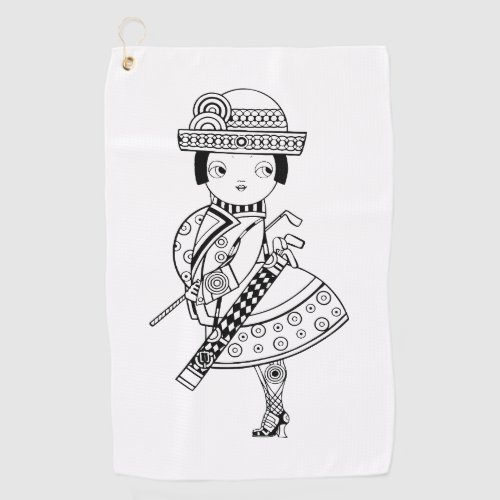 Black and white drawing of a woman holding  golf towel