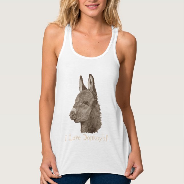 black and white drawing of cute donkey tank top (Front)