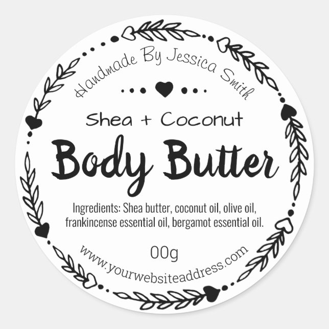 Black And White Drawn Hearts Body Butter Labels (Front)