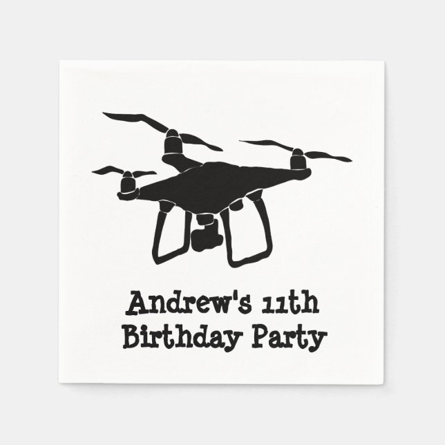 Black and White Drone Birthday Party Napkins (Front)
