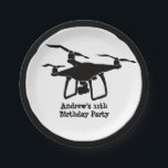 Black and White Drone Illustration Birthday Party Paper Plates<br><div class="desc">Ensure your party is a soaring success with these personalized party plates. They feature a simple hand-drawn style illustration of a drone aircraft in black against a white background with your text in black and a coordinating black border. The drone graphic and black and white color scheme make these party...</div>