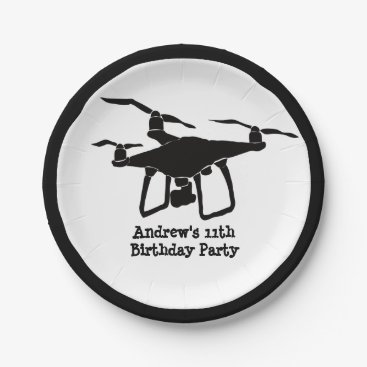 Black and White Drone Illustration Birthday Party Paper Plates