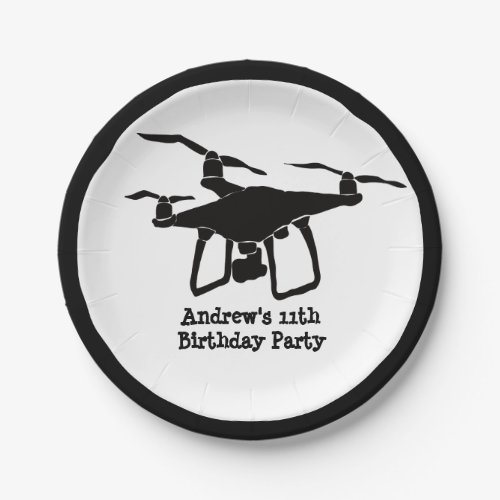 Black and White Drone Illustration Birthday Party Paper Plates
