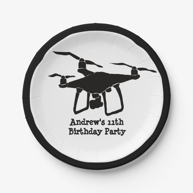 Black and White Drone Illustration Birthday Party Paper Plates (Front)