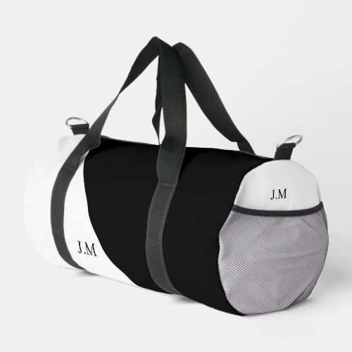 Black and white duo solid color initials name duffle bag