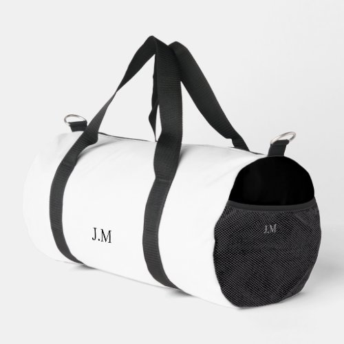 Black and white duo solid color initials name duffle bag