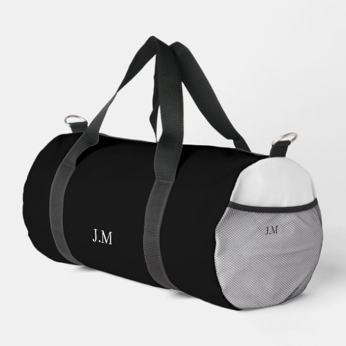 Black and white duo solid color initials name duffle bag