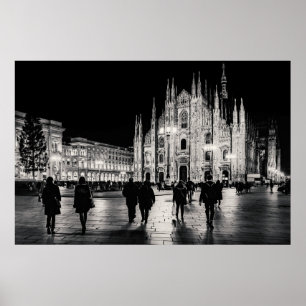 Black and White Duomo Piazza Night Scene, Milan Poster