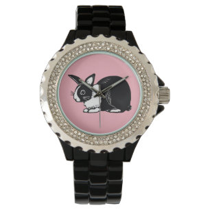 Black and White Dutch Rabbit with Pink Wristwatch