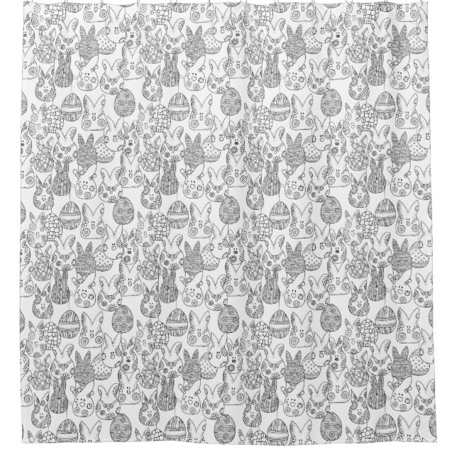Black and White Easter Bunnies and Eggs Shower Curtain (Front)