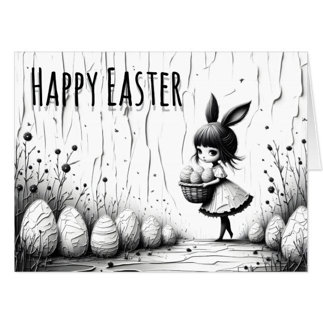 Black and White Easter Girl with Bunny Ears Card (Front Horizontal)