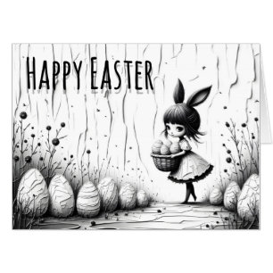 Black and White Easter Girl with Bunny Ears Card