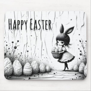 Black and White Easter Girl with Bunny Ears Mouse Pad