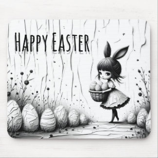 Black and White Easter Girl with Bunny Ears Mouse Pad