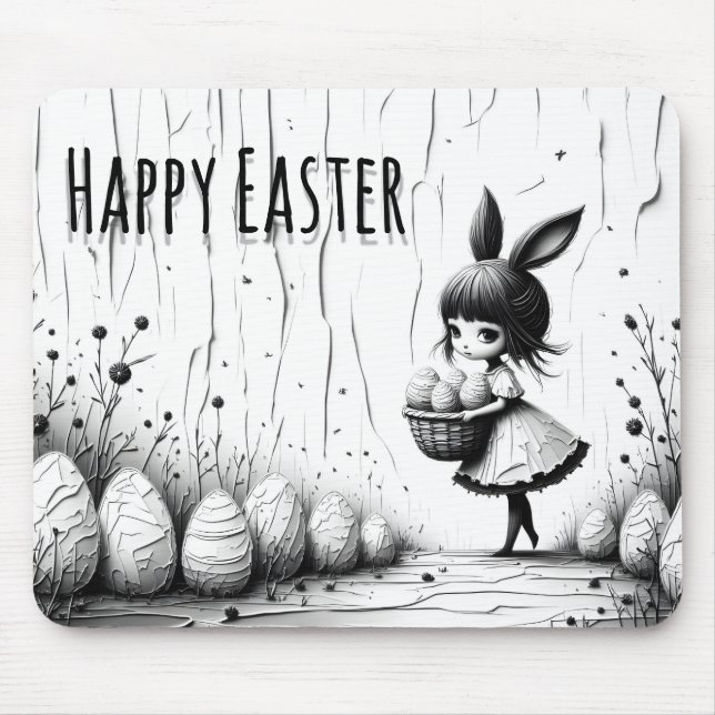Black and White Easter Girl with Bunny Ears Mouse Pad (Front)
