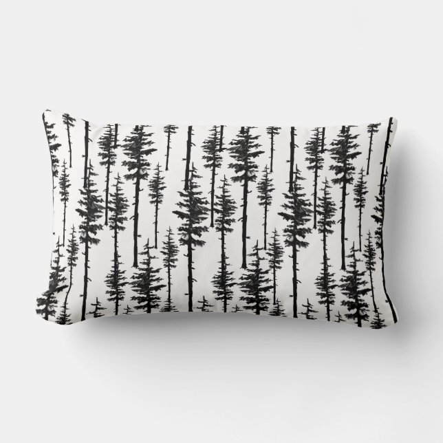 Black And White Eastern Pine Tree Woodland Forest Lumbar Pillow (Front)