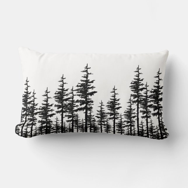 Black And White Eastern Pine Tree Woodland Forest  Lumbar Pillow (Front)
