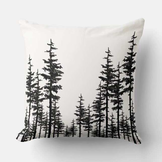 Black And White Eastern Pine Tree Woodland Forest Throw Pillow (Front)