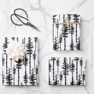 Black And White Eastern Pine Tree Woodland Forest Wrapping Paper Sheets