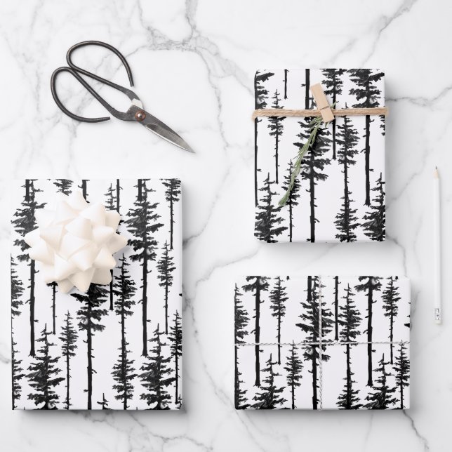 Black And White Eastern Pine Tree Woodland Forest Wrapping Paper Sheets (Front)