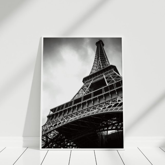 Black and White Eiffel Tower Paris Wall Art (Black and White Eiffel Tower Poster Print in white frame.)