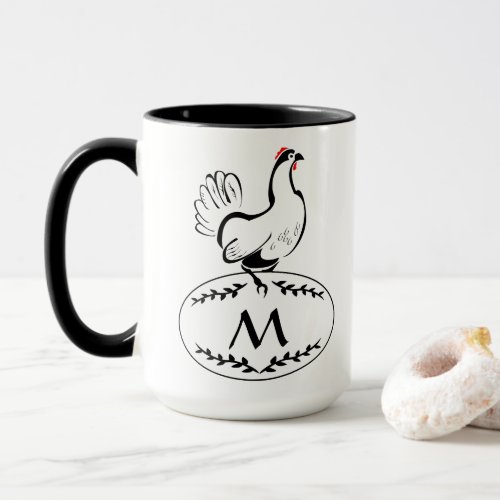 Black and White Elagant Hen on a Monogram Egg Mug