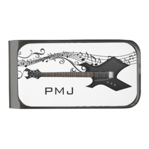 Black and White Electric Guitars Musical Notes Gunmetal Finish Money Clip